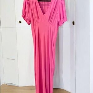 A New Day Maxi-Dress, Size M, Hot Pink, V-Neck, Puff Sleeves, Fitted Bod…